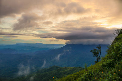 Scenic view of mountains against sky during sunset