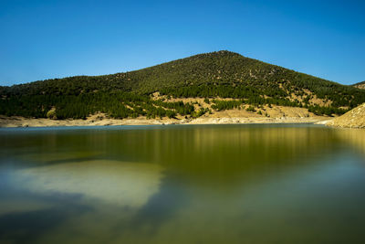 Scenic view of lake against clear blue sky