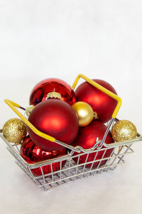 High angle view of fruits in basket on table