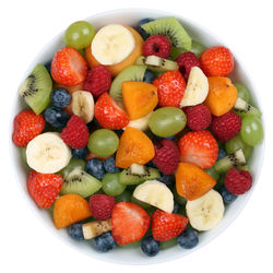High angle view of strawberries in bowl
