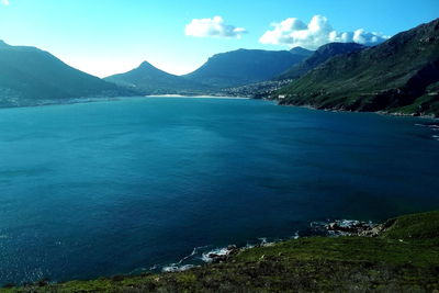 Scenic view of sea and mountains against sky