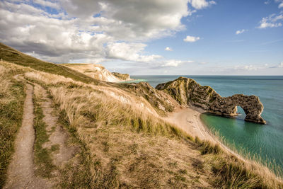 High angle view of beach and rock formation 