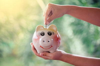 Cropped hand of woman putting coin in piggy bank