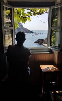 Rear view of man looking through window