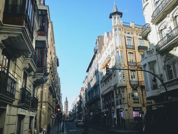 Low angle view of buildings against clear sky