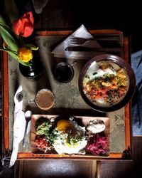 High angle view of food on table