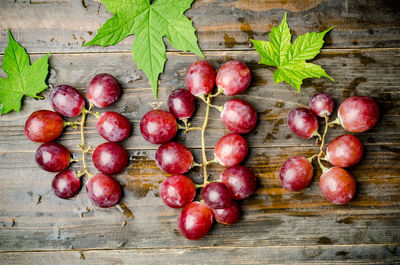 Directly above shot of red grapes on wet wooden table