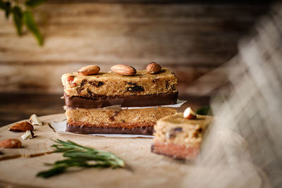 Close-up of cake slice on cutting board