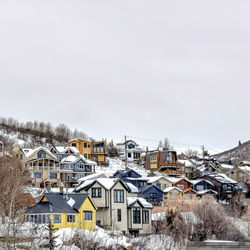 High angle view of buildings in city during winter