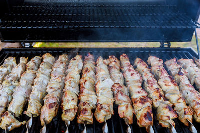 High angle view of vegetables on barbecue grill