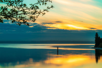 Scenic view of lake against orange sky