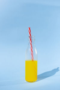 Close-up of water bottle against sky