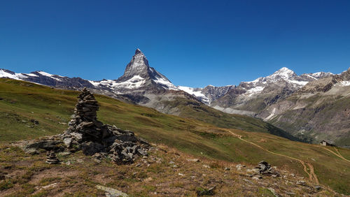 Scenic view of snowcapped mountains against clear blue sky