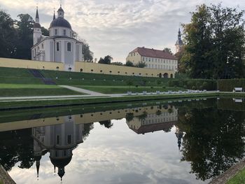 Reflection of building in lake against sky