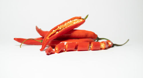 Close-up of red chili pepper against white background