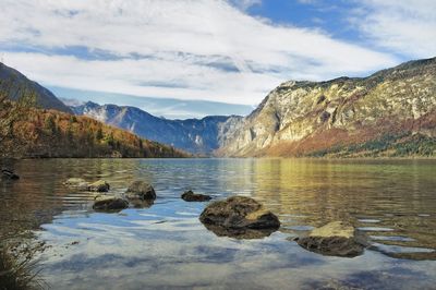 Scenic view of lake and mountains against sky