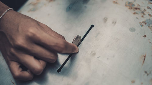 High angle view of man working on table