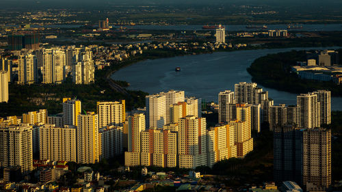 High angle view of buildings in city