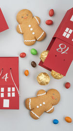 High angle view of christmas decorations on table