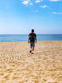 Rear view of man on beach against sky