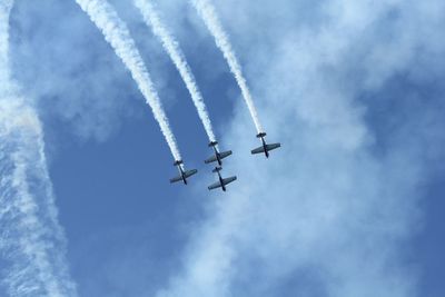 Low angle view of fighter planes against sky during airshow