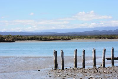 Wooden posts on beach against sky
