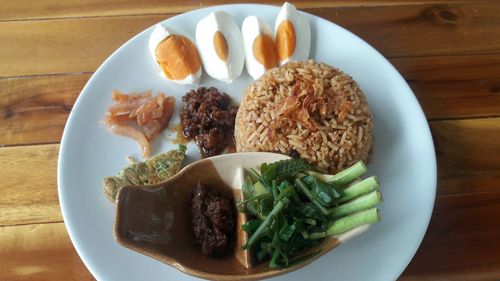 High angle view of food served on table