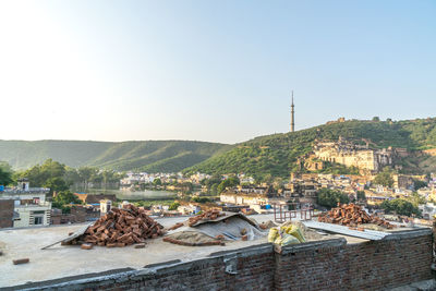 Townscape against clear sky