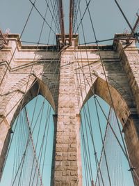 Low angle view of brooklyn bridge against clear sky