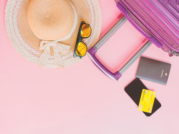 High angle view of multi colored hat on table