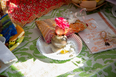 High angle view of various flowers on table