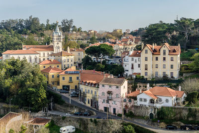 High angle view of townscape by buildings in city