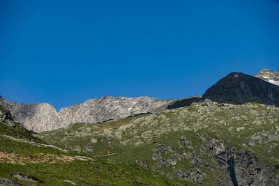 Low angle view of mountain against clear blue sky