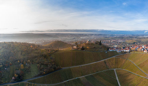 Aerial panorama of vineyards and chapel, overlooking stuttgart, germany