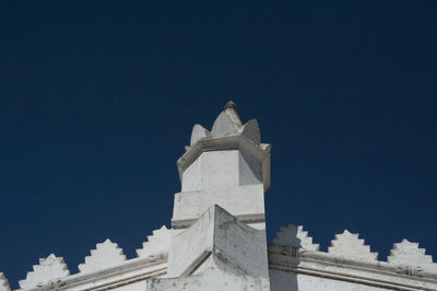 Low angle view of building against clear blue sky