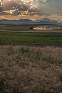 Scenic view of field against sky during sunset