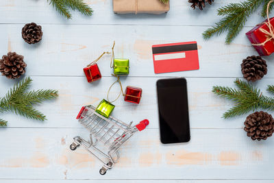 High angle view of christmas decoration on table