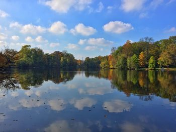 Reflection of trees in lake against sky