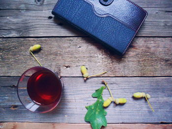 High angle view of drink on table
