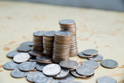 Close-up of coins on table