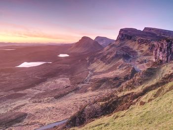 Landscape view of quiraing mountains on isle of skye in the highlands of scotland. sunny morning