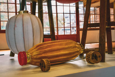 Close-up of dumbbells in gym