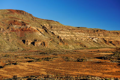 Scenic view of rocky mountain at el teide national park against clear blue sky