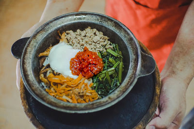 High angle view of food in bowl on table