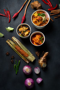 High angle view of various food on table