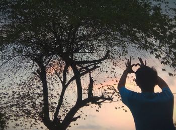 Rear view of woman photographing through tree