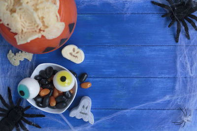 High angle view of fruits in bowl on table