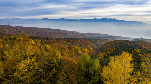 Scenic view of mountains against sky during autumn