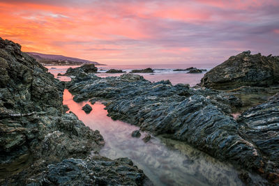 Rocky seashore against cloudy sky during sunset