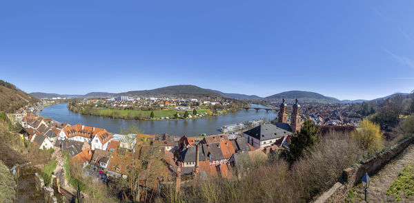 High angle view of townscape against clear blue sky